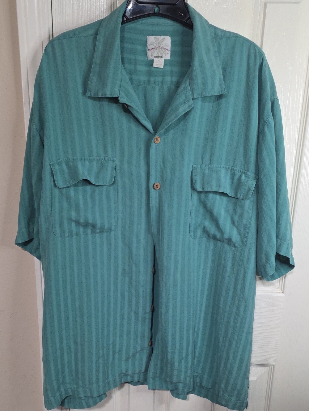 Tommy Bahama Teal Short-Sleeve Camp Shirt Jacket 100% Silk, Old Money.